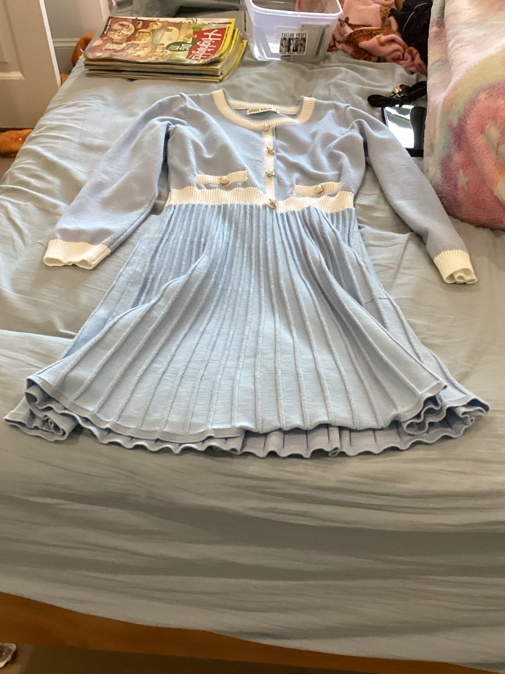 Grace Karin Light Blue Knit Pleated Girls' Dress with White Trim